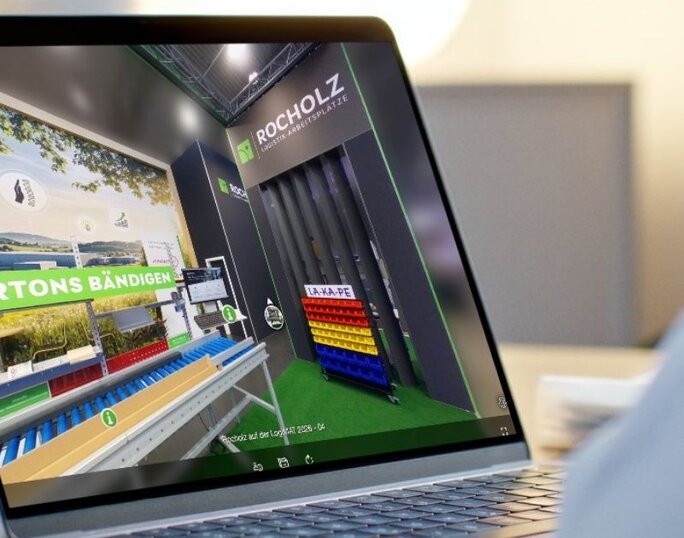 Virtueller 360°-Messestand Rocholz GmbH auf der LogiMAT 2026 – Logistik-Arbeitsplätze