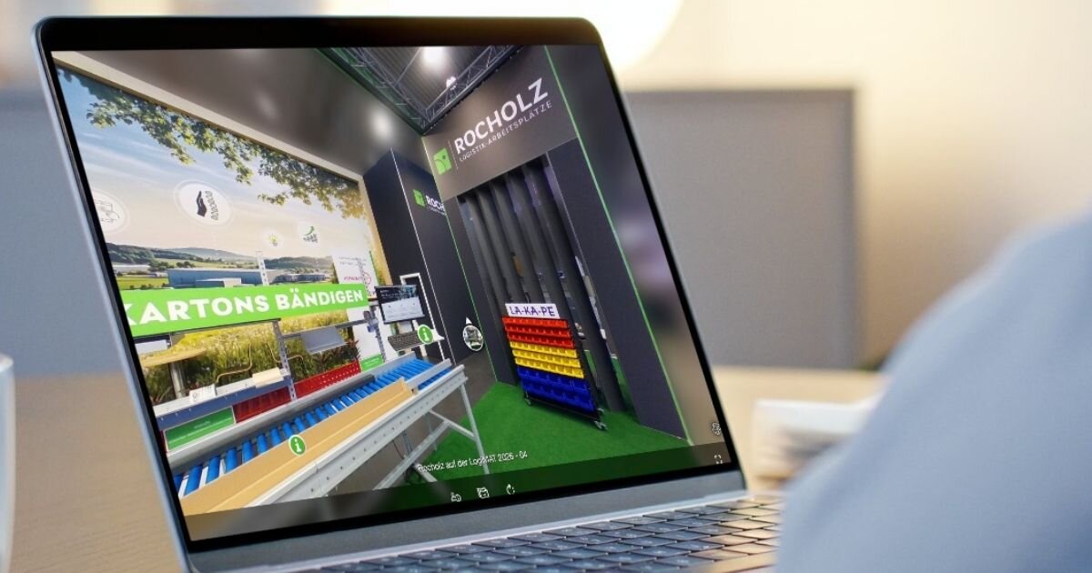 Virtueller 360°-Messestand der Rocholz GmbH auf der LogiMAT 2026 – Logistik-Arbeitsplätze, Packtische und Hubsysteme im Browser begehbar